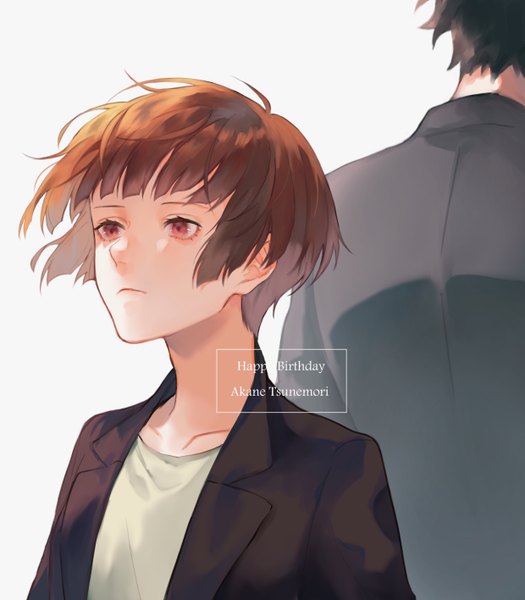 Anime picture 2480x2832 with psycho-pass production i.g tsunemori akane yokuni (yokunill001121) tall image highres short hair simple background red eyes brown hair white background looking away wind character names solo focus happy birthday girl