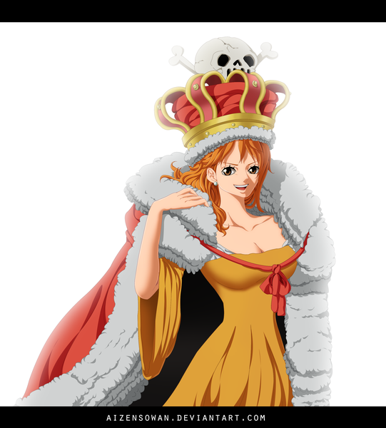 Anime picture 2500x2772 with one piece toei animation nami (one piece) aizen sowan single long hair tall image looking at viewer fringe highres breasts open mouth simple background smile standing white background holding brown eyes signed cleavage