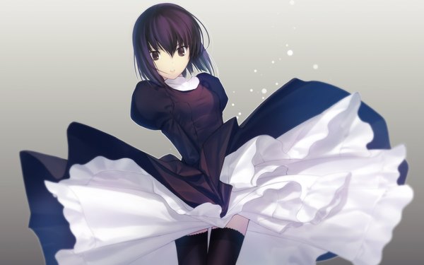 Anime picture 1920x1200 with mahou tsukai no yoru type-moon kuonji alice aikura chihiro single looking at viewer fringe highres short hair black hair simple background standing white background brown eyes parted lips grey background zettai ryouiki puffy sleeves gradient background girl