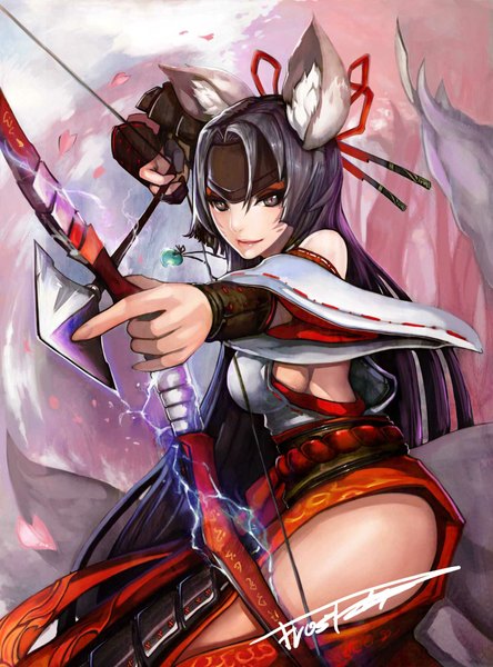 Anime picture 1483x2000 with sakusaku (frostce) single long hair tall image looking at viewer light erotic black hair smile signed animal ears tail animal tail black eyes sideboob cherry blossoms facial mark archery girl hair ornament weapon