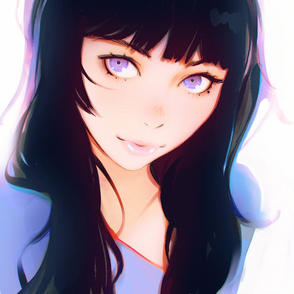 Anime picture 1080x1080 with original ilya kuvshinov single long hair looking at viewer fringe black hair simple background white background purple eyes blunt bangs parted lips head tilt realistic girl