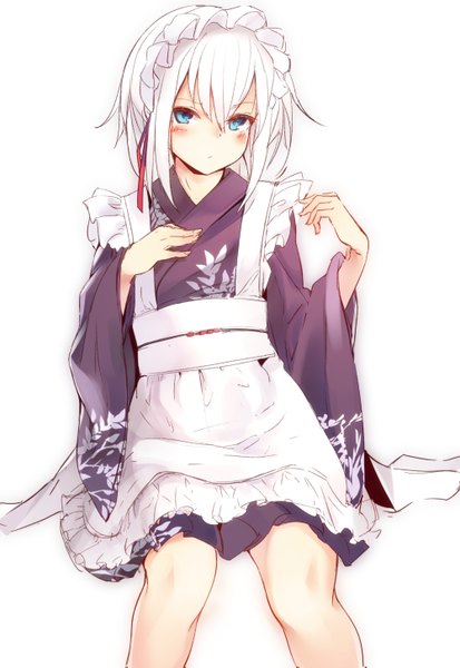 Anime picture 1000x1451 with original ringo-chan (otokuyou) otokuyou single tall image looking at viewer blush fringe short hair blue eyes simple background hair between eyes white background sitting white hair traditional clothes japanese clothes wide sleeves wa maid girl