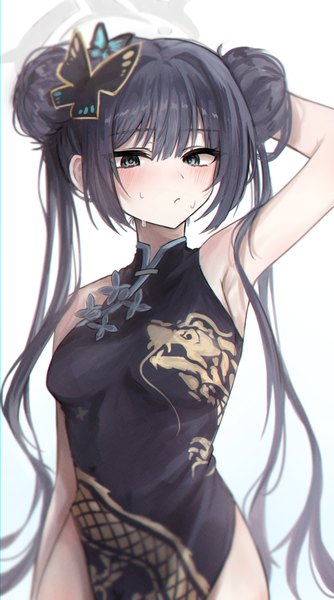 Anime picture 3095x5562 with blue archive kisaki (blue archive) dieen single long hair tall image looking at viewer blush fringe highres light erotic black hair simple background hair between eyes white background twintails absurdres traditional clothes arm up black eyes