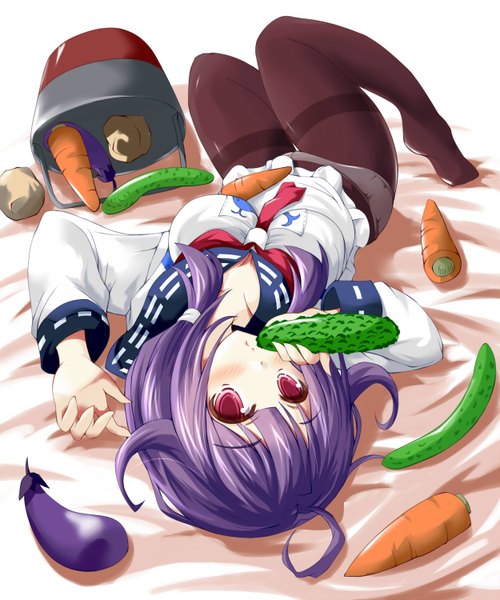 Anime picture 1250x1500 with kantai collection taigei light aircraft carrier hiiragi tomoka single long hair tall image looking at viewer light erotic red eyes twintails purple hair ahoge bent knee (knees) lying on back no shoes low twintails girl underwear panties