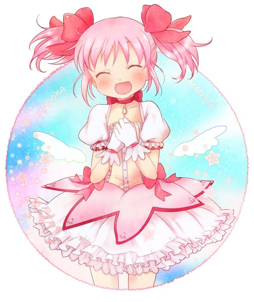 Anime picture 1515x1800 with mahou shoujo madoka magica shaft (studio) kaname madoka shinryou rei single tall image blush short hair open mouth twintails pink hair eyes closed short twintails frilled dress fake wings girl dress gloves bow hair bow