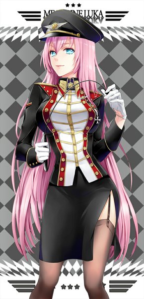 Anime picture 500x1033 with vocaloid megurine luka cocoon (loveririn) single long hair tall image looking at viewer blue eyes pink hair rhombus girl thighhighs gloves uniform military uniform peaked cap riding crop