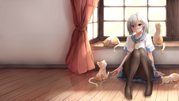 Anime picture 1920x1080 with kantai collection hamakaze destroyer nicoby single looking at viewer blush fringe highres short hair blue eyes light erotic wide image silver hair pantyshot pantyshot sitting girl skirt underwear panties miniskirt