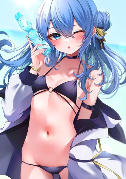 Anime picture 1443x2048 with virtual youtuber hololive hoshimachi suisei namagome negi single long hair tall image looking at viewer blush fringe blue eyes light erotic hair between eyes standing blue hair outdoors nail polish one eye closed girl navel