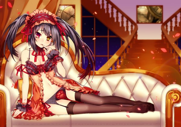 Anime picture 1000x706 with date a live tokisaki kurumi sougishi ego single long hair looking at viewer blush light erotic black hair twintails heterochromia finger to mouth girl thighhighs navel underwear panties black thighhighs petals lingerie