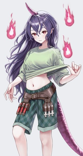 Anime picture 2004x3743 with touhou tenkajin chiyari torinari (dtvisu) single long hair tall image fringe highres simple background hair between eyes red eyes purple hair tail horn (horns) pointy ears grey background plaid sweater lift girl navel