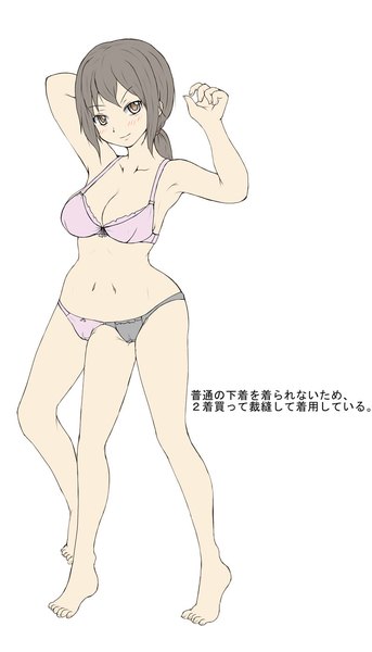 Anime picture 800x1400 with original ftt single long hair tall image looking at viewer blush fringe light erotic simple background brown hair standing white background brown eyes full body barefoot light smile arms up underwear only text