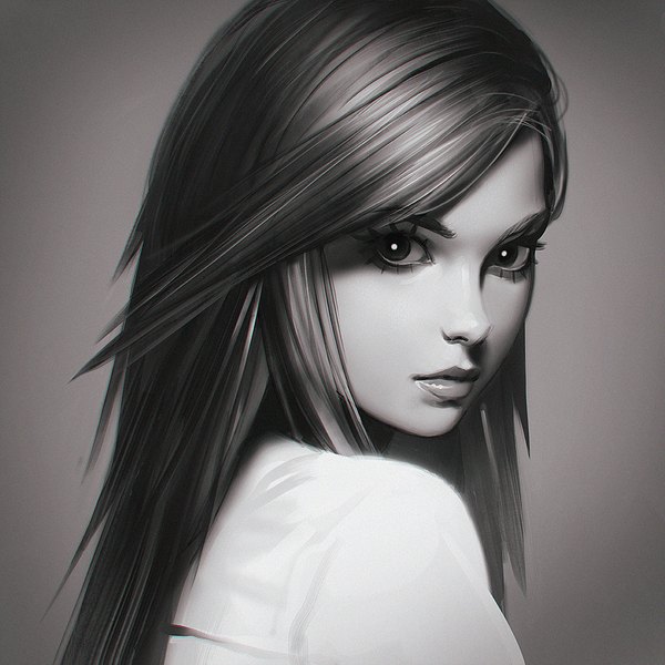 イラスト 1080x1080 と オリジナル イリヤ・クブシノブ ソロ 長髪 カメラ目線 simple background upper body looking back lips realistic grey background monochrome portrait 女の子