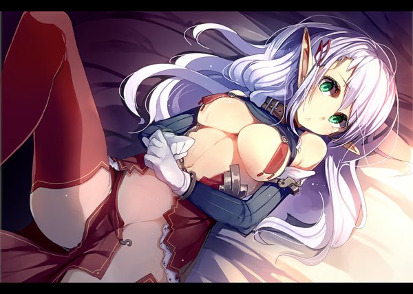 Anime picture 1024x732 with original ukyo rst single long hair looking at viewer blush breasts light erotic large breasts green eyes silver hair lying pointy ears midriff on back tears torn clothes letterboxed girl thighhighs