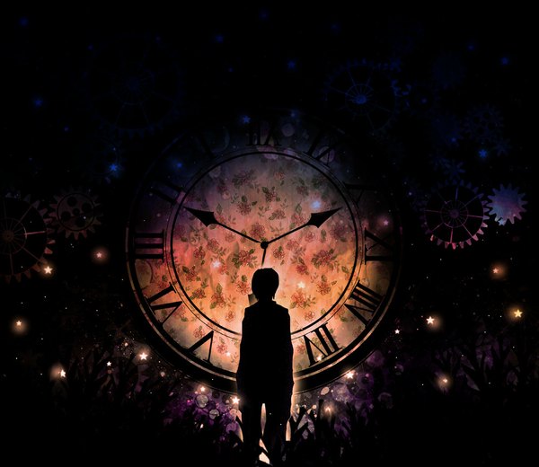 Anime picture 1000x868 with original harada miyuki single short hair floral print space silhouette abstract boy plant (plants) star (symbol) clock gears