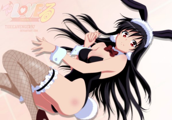 Anime picture 1000x701 with toloveru toloveru darkness xebec kotegawa yui toxicavenger97 single long hair light erotic black hair red eyes inscription bunny ears coloring bunny girl bunny tail girl thighhighs bowtie bunnysuit fishnet stockings