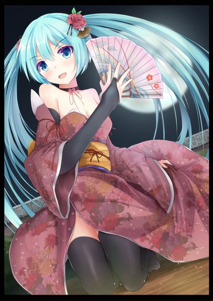 Anime picture 900x1273 with vocaloid hatsune miku tf (tfx2) single tall image looking at viewer blush open mouth twintails bare shoulders very long hair traditional clothes japanese clothes hair flower aqua eyes aqua hair girl thighhighs hair ornament flower (flowers)