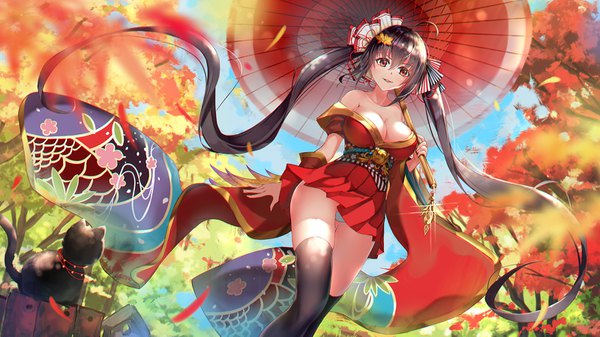 Anime picture 1600x900 with azur lane taihou (azur lane) asanogawa (tutufcc) single looking at viewer blush fringe breasts light erotic black hair hair between eyes red eyes wide image large breasts standing twintails bare shoulders holding payot sky