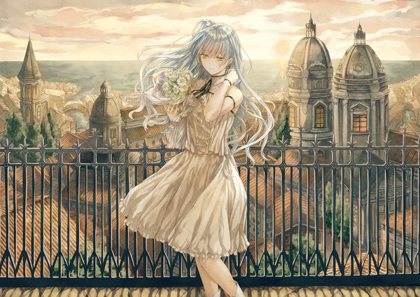 Anime picture 2046x1447 with original saijou haruki single long hair fringe highres smile hair between eyes holding yellow eyes looking away sky silver hair cloud (clouds) outdoors wind one side up city cityscape girl