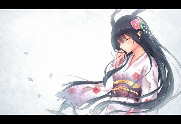 Anime picture 1500x1032 with original second heaven single long hair black hair simple background eyes closed japanese clothes hair flower horn (horns) pointy ears letterboxed girl hair ornament kimono obi