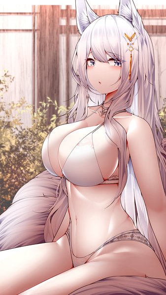 Anime picture 2160x3840 with azur lane shinano (azur lane) samip single long hair tall image looking at viewer blush fringe highres breasts open mouth blue eyes light erotic hair between eyes large breasts sitting animal ears silver hair tail