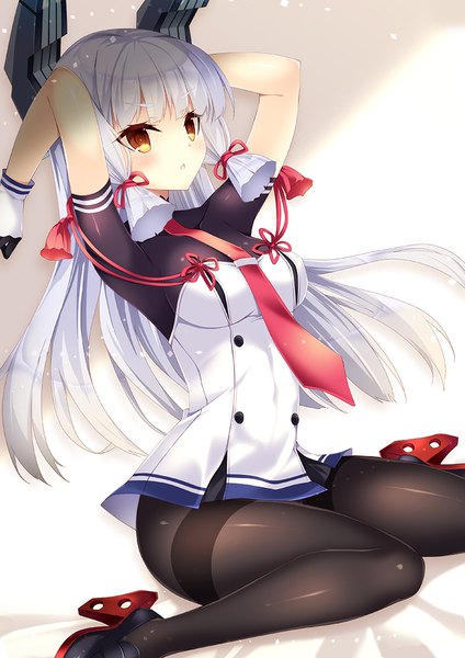 Anime picture 707x1000 with kantai collection murakumo destroyer kobayashi chisato single long hair tall image blush fringe breasts light erotic simple background sitting brown eyes looking away silver hair bent knee (knees) arms up :o shadow dutch angle