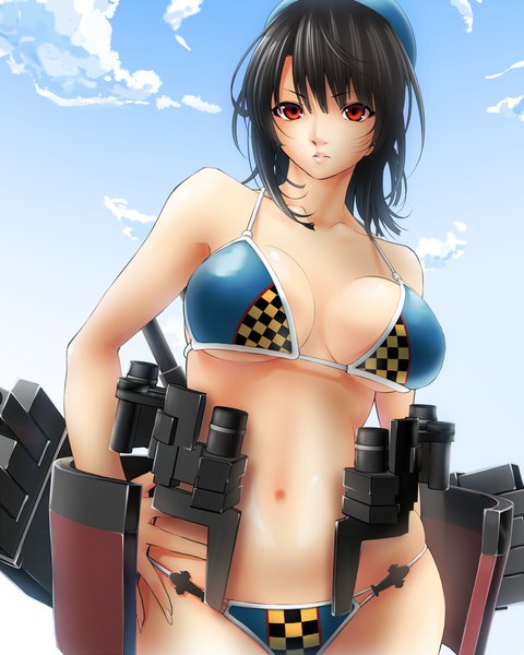 Anime picture 1120x1400 with kantai collection takao heavy cruiser mattari yufi (artist) single tall image looking at viewer short hair breasts light erotic black hair red eyes sky cloud (clouds) midriff girl navel weapon swimsuit bikini