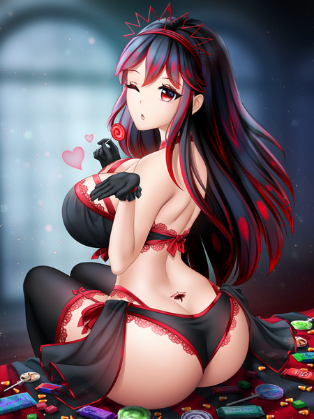 Anime-Bild 750x1000 mit original gigamessy single long hair tall image looking at viewer fringe breasts open mouth light erotic black hair hair between eyes red eyes large breasts sitting holding payot ass indoors one eye closed