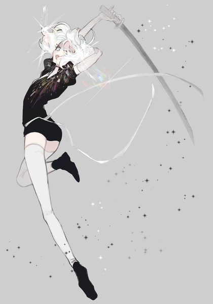 Anime picture 834x1192 with houseki no kuni diamond (houseki no kuni) lunch (lunchicken) single tall image looking at viewer fringe short hair open mouth simple background full body white hair hair over one eye grey background sparkle arm behind head androgynous thighhighs gloves weapon