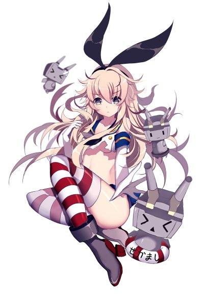 Anime picture 800x1199 with kantai collection shimakaze destroyer rensouhou-chan rhea single long hair tall image light erotic blonde hair white background yellow eyes torn clothes > < girl thighhighs skirt gloves bow weapon hair bow
