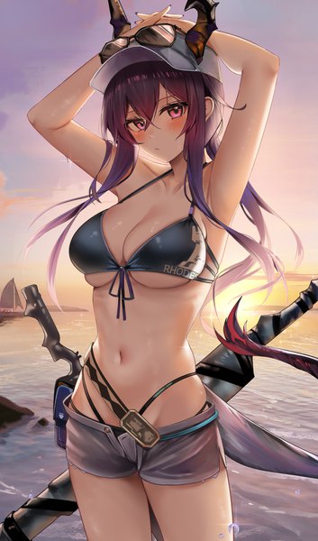 Anime picture 2794x4743 with arknights ch'en (arknights) ch'en the holungday (arknights) ru zhai single long hair tall image looking at viewer blush fringe highres breasts light erotic hair between eyes large breasts standing payot sky purple hair cloud (clouds)