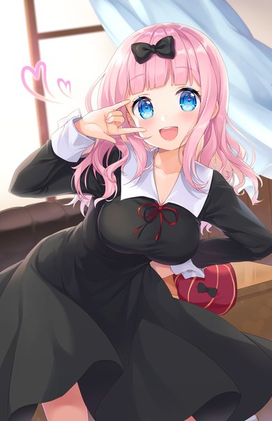 Anime picture 971x1500 with kaguya-sama wa kokurasetai ~tensai-tachi no renai zunousen~ a-1 pictures fujiwara chika moorina single long hair tall image looking at viewer blush fringe breasts open mouth blue eyes smile standing pink hair indoors blunt bangs long sleeves :d