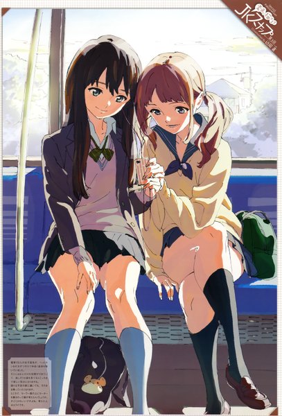 Anime picture 4079x6011 with original chikaoka sunao long hair tall image highres blue eyes black hair brown hair sitting twintails multiple girls green eyes absurdres light smile scan hands on hips girl skirt uniform 2 girls
