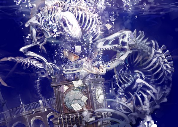 Anime picture 2000x1426 with original susu (artist) fringe highres short hair red eyes white hair underwater skeleton dress bubble (bubbles) clock paper bridge clock tower