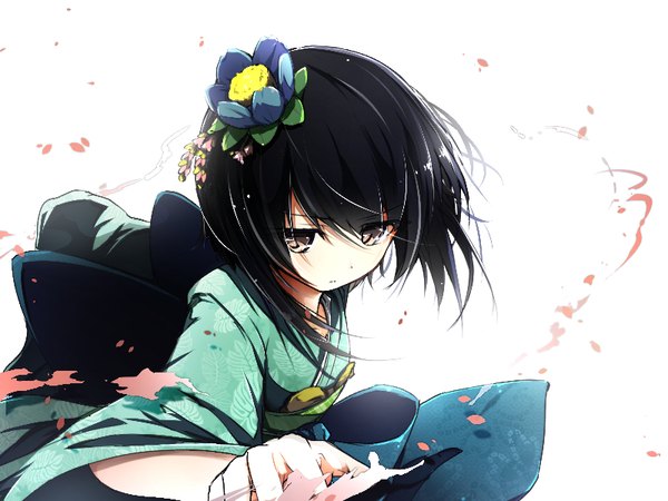 Anime picture 800x600 with mahouka koukou no rettousei kitayama shizuku ro risu single fringe short hair black hair simple background hair between eyes white background brown eyes upper body ahoge long sleeves traditional clothes japanese clothes hair flower wide sleeves spread arms girl