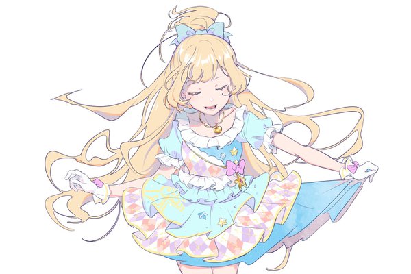 Anime picture 1500x1000 with aikatsu! aikatsu stars! shiratori hime shiontaso single long hair open mouth simple background blonde hair white background ponytail eyes closed puffy sleeves girl dress gloves bow hair bow frills white gloves