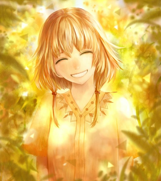 Anime picture 887x1000 with original bounin single tall image fringe short hair smile eyes closed orange hair happy girl plant (plants)