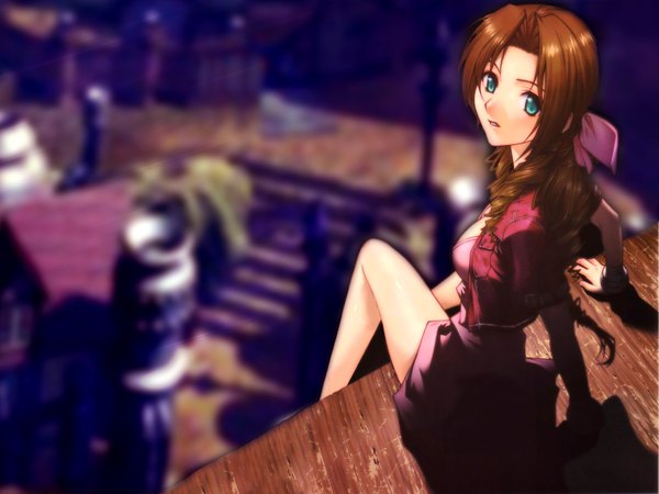 Anime picture 1600x1200 with final fantasy final fantasy vii square enix aerith gainsborough single long hair looking at viewer blue eyes brown hair sitting depth of field scenic girl dress ribbon (ribbons) hair ribbon roof