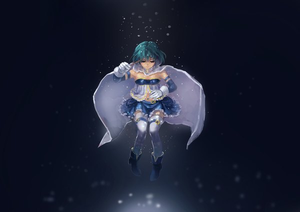 Anime picture 1158x819 with mahou shoujo madoka magica shaft (studio) miki sayaka cielwings single short hair blue hair eyes closed magical girl weightlessness girl thighhighs skirt gloves detached sleeves miniskirt white thighhighs boots belt white gloves