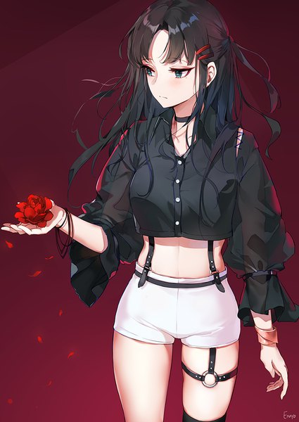 Anime picture 800x1129 with original emyo single long hair tall image blush fringe breasts black hair simple background standing holding signed payot looking away mole midriff gradient background red background girl