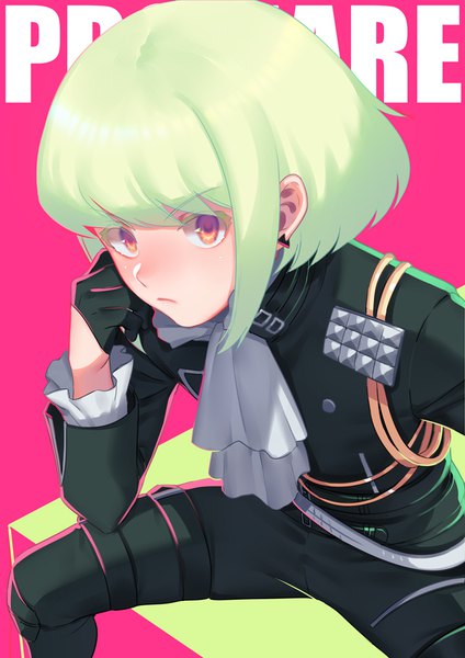 Anime picture 700x990 with promare studio trigger lio fotia noriuma single tall image looking at viewer short hair sitting purple eyes green hair copyright name pink background head rest boy gloves black gloves neckerchief