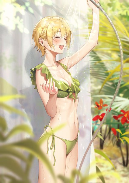 Anime picture 1200x1697 with idolmaster idolmaster shiny colors saijou juri ame (uten cancel) single tall image blush fringe short hair breasts open mouth light erotic blonde hair hair between eyes standing holding outdoors eyes closed arm up wet