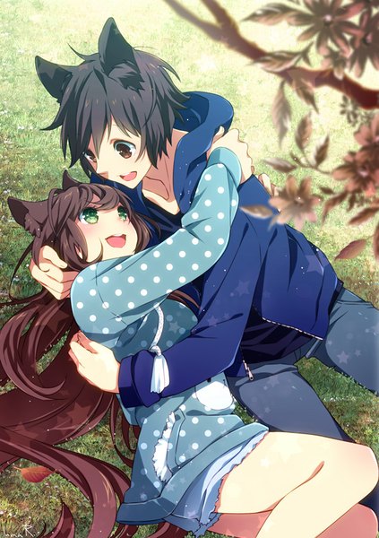 Anime picture 650x922 with original inma r. long hair tall image blush short hair open mouth black hair smile brown hair brown eyes green eyes lying open clothes open jacket hug polka dot girl boy plant (plants)