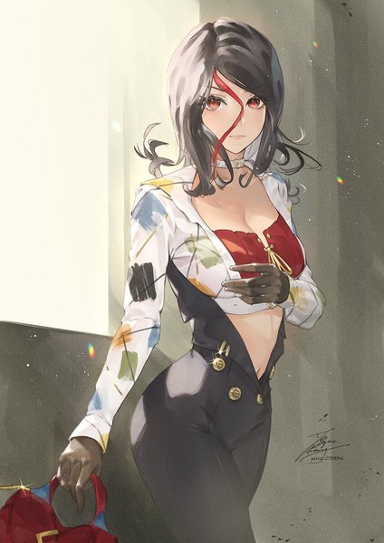 Anime picture 1061x1500 with original fadingz single tall image looking at viewer blush fringe short hair breasts black hair hair between eyes red eyes standing holding signed cleavage indoors long sleeves multicolored hair sunlight
