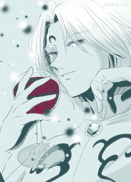 Anime picture 800x1113 with bishoujo senshi sailor moon toei animation prince diamond single tall image looking at viewer short hair smile purple eyes holding white hair light smile monochrome pale skin green skin boy alcohol wine glass wine