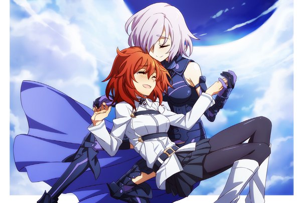 Anime picture 1049x709 with fate (series) fate/grand order mash kyrielight fujimaru ritsuka (female) oiun (artist) blush fringe short hair open mouth bare shoulders multiple girls purple hair cloud (clouds) bent knee (knees) white hair eyes closed long sleeves pleated skirt multicolored hair light smile