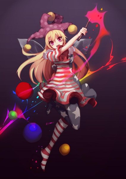 Anime picture 724x1024 with touhou clownpiece no-kan single long hair tall image fringe open mouth simple background blonde hair hair between eyes purple eyes full body bent knee (knees) no shoes dark background striped polka dot star print jpeg artifacts