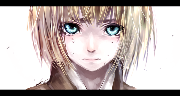 Anime picture 1259x675 with shingeki no kyojin production i.g armin arlert sexaria single looking at viewer fringe short hair simple background blonde hair wide image white background aqua eyes tears portrait letterboxed close-up face pale skin crying