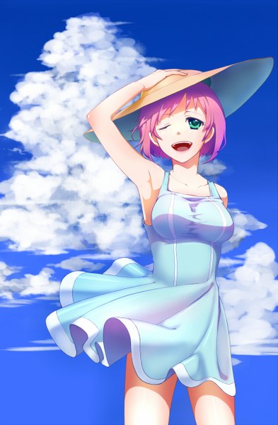 Anime picture 1677x2561 with original momore (peaches) tall image short hair open mouth green eyes pink hair cloud (clouds) one eye closed wink girl hat sundress