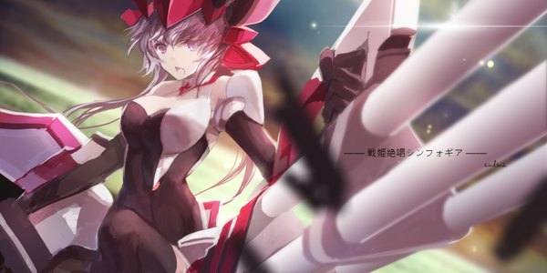 Anime picture 1890x945 with senki zesshou symphogear satelight yukine chris swd3e2 single fringe highres short hair breasts open mouth wide image purple eyes looking away purple hair glow screaming girl weapon