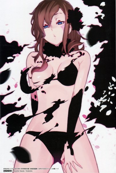 Anime picture 2360x3500 with yozakura quartet v lila f suzuhito yasuda single long hair tall image looking at viewer highres breasts blue eyes light erotic simple background brown hair standing white background from below torn clothes girl hair ornament underwear